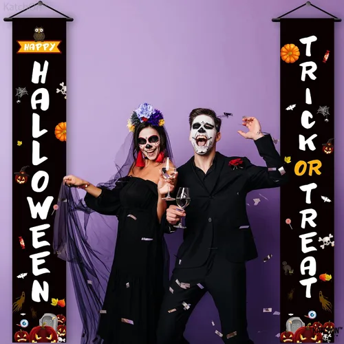 Miniatura 8 de KatchOn, Cartel de Feliz Halloween de Trick or Treat – Grande, 72 x 12 pulgadas Cartel negro para puerta de Halloween para decoraciones