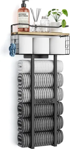 Miniatura 11 de Aetyord Toallero para Baño de 31 Pulgadas Montado en Pared, Estante Flotante con Tablero de Madera, Almacenamiento de Toallas para Baño que Puede