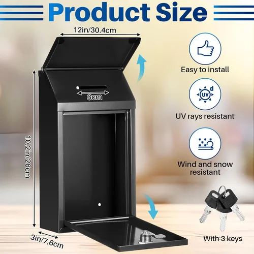 Miniatura 2 de Yaocom Caja de donación de metal para colección, caja de sugerencias segura con ranura y cerradura, impermeable, para montaje en pared, contenedor