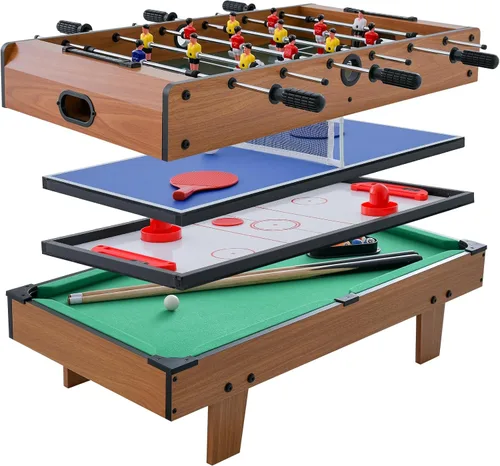 Giantex Mesa de juego combinada 4 en 1, con fútbol, hockey, billar, tenis de mesa, perfecta para sala de juegos, noche familiar, futbolín de madera