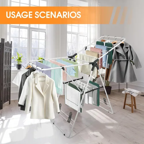 Miniatura 8 de Tendedero plegable de metal, con alas ajustables en altura, ahorro de espacio, uso en interiores y exteriores, color blanco
