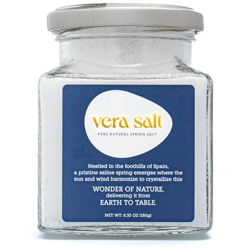 Vera Salt Flake Spring Salt Flake - Tarro de vidrio de 6.35 oz - Copos de sal con acabado gourmet de España - Cristales blancos cosechados a mano