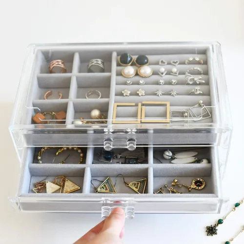 Miniatura 4 de HerFav Joyero de acrílico para mujer con 3 cajones para anillos, aretes y collares, estuche compacto para joyería, gris transparente
