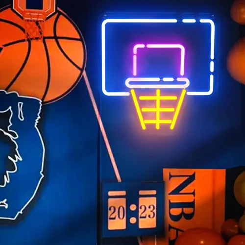 Miniatura 2 de Letrero de neón de aro de baloncesto para decoración de pared, letrero de luz LED regulable con control de brillo para fanáticos de los deportes