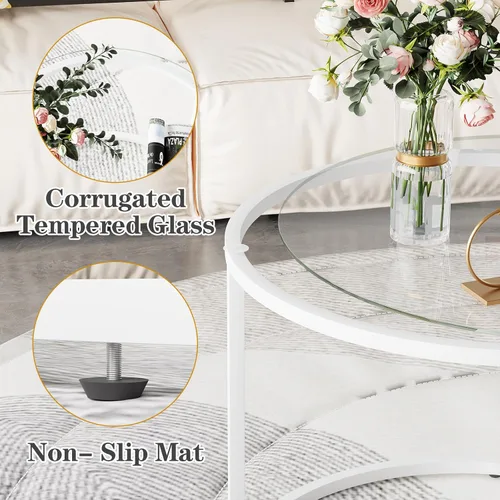 Miniatura 8 de aboxoo Juego de 2 mesas de cristal anidables blancas, pequeñas mesas redondas de vidrio para sala de estar, dormitorio, mesa de té decorativa