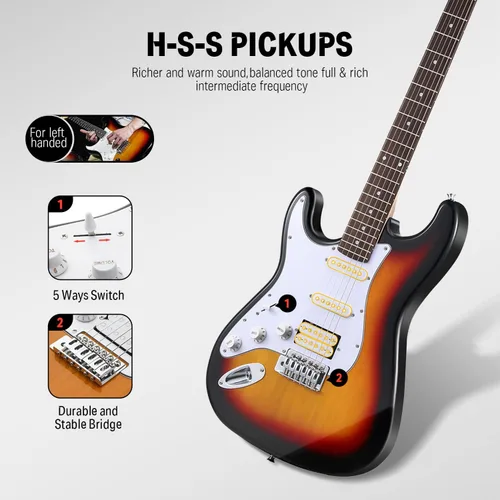 Miniatura 4 de Donner Kit de guitarra eléctrica de 39 pulgadas, cuerpo sólido, Sunburst, para zurdos, principiantes, tamaño completo, con amplificador, lección