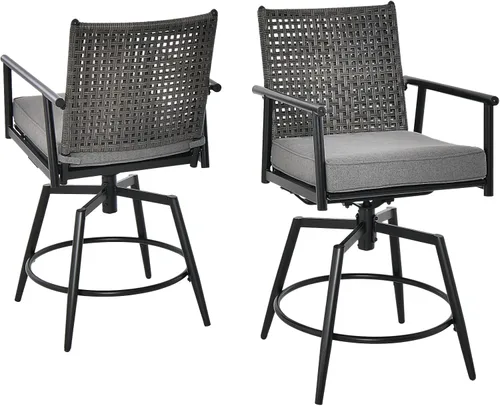 Miniatura 9 de Tangkula Juego de 2 taburetes de bar giratorios para patio, sillas de bar de altura de mostrador para exteriores con respaldo de ratán de Negro