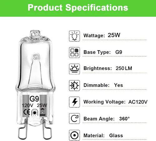 Miniatura 3 de Bombilla G9 de 25 W, paquete de 12 bombillas halógenas G9, base de 2 pines, tipo T4 JCD de 120 V, bombilla pequeña de xenón para candelabros, luz