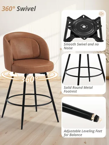 Miniatura 5 de LUE BONA Juego de 2 taburetes de bar giratorios de 26'' de altura, taburetes de bar de altura de mostrador con respaldos, almohada lumbar y marcos