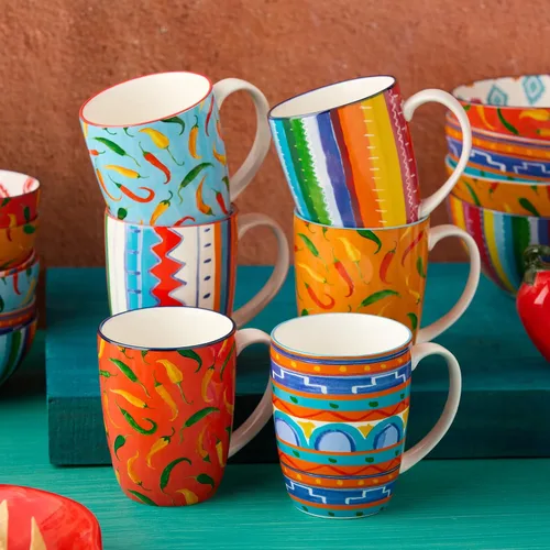 Miniatura 3 de Certified International Caliente - Tazas de 14 onzas, juego de 6, vibrantes patrones de chile y suroeste, porcelana duradera con asas cómodas