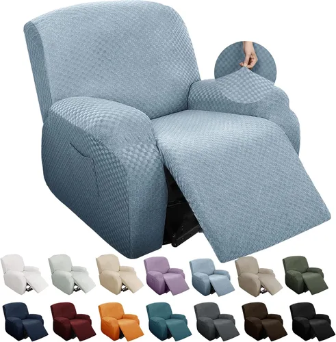 Miniatura 22 de YEMYHOM Funda elástica de 4 piezas para silla reclinable de jacquard con bolsillo lateral, antideslizante, ajustable, protector de muebles con parte
