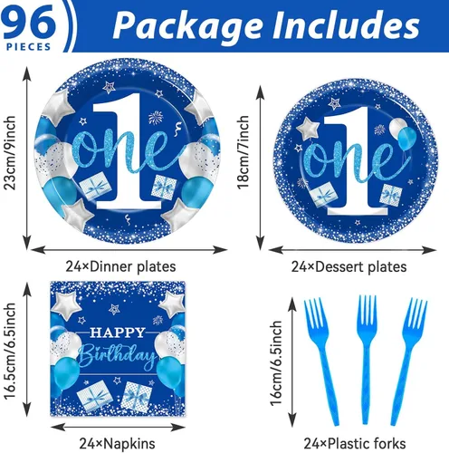 Miniatura 2 de Wiooffen Juego de vajilla para fiesta de cumpleaños de niño de 1 año, azul, 96 piezas, para 24 invitados, platos de papel, servilletas, tenedores