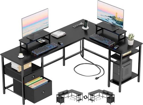 Miniatura 11 de Furologee Escritorio para computadora en forma de L con toma de corriente, escritorio reversible de oficina en casa para estudio de trabajo, mesa