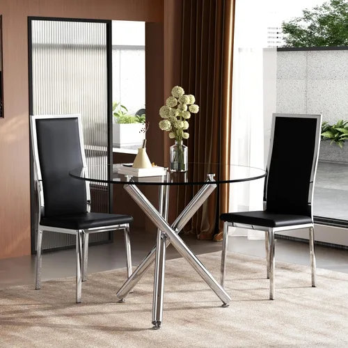 Miniatura 39 de Moderno juego de mesa redonda de cristal para 2, juego de mesa de cocina de círculo pequeño de 36 pulgadas con 2 sillas de comedor de piel sintética