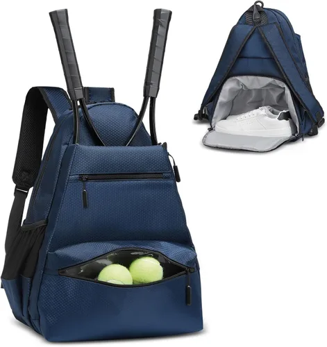 Mochila de tenis para raquetas, bolsa de tenis impermeable con compartimento para zapatos, bolsillo húmedo/seco, gancho para cerca, para tenis, Azul