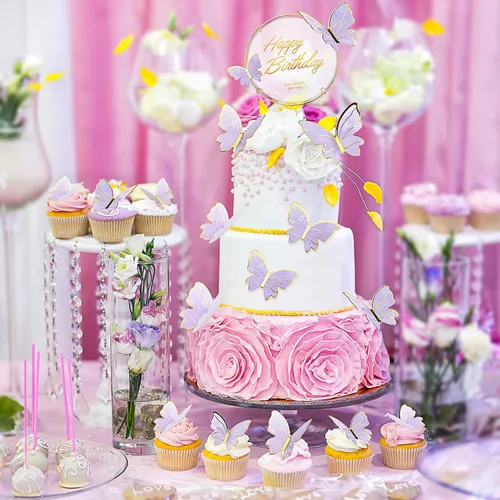 Miniatura 2 de 21 Piezas de Adornos de Mariposa para Pastel con Adornos de Pastel de Feliz Cumpleaños, Mariposas 3D en Rosa y Oro para Pastel, Adornos de Pastel