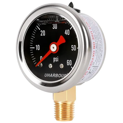 Miniatura 9 de Manómetro lleno de glicerina con caja de acero inoxidable 304, esfera negra de 1-1/2 pulgadas, 0-60 Psi, alta precisión, montaje trasero central NPT