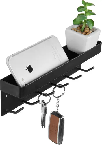 Miniatura 5 de MyGift Soporte para llaves de metal negro montado en la pared para entrada de pared con soporte de correo y estante de accesorios Catchall