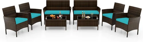 Miniatura 26 de RELAX4LIFE Juego de muebles de patio de 4 piezas – Juego de muebles de ratán para conversación al aire libre con cojines, mesa de centro de cristal