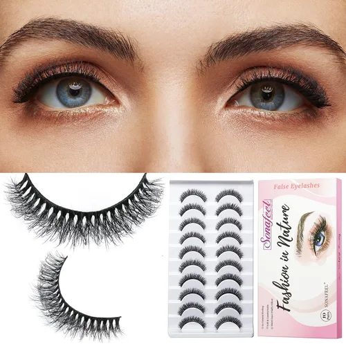 Miniatura 8 de Pestañas naturales de ojo de gato, ligeras, reutilizables, con banda transparente, paquete de 10 pares, pestañas postizas de visón sintético