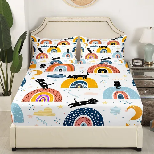 Miniatura 2 de Erosebridal Sábana bajera ajustable de tamaño individual para niños y niñas, diseño colorido de nube, estrellas, luna, lindo juego de ropa de cama