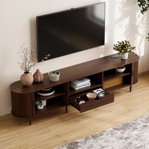 Miniatura 3 de DHH Soporte de TV acanalado de 71 pulgadas con toma de corriente para televisores de hasta 80 pulgadas, consola de TV con estantes ajustables y Negro