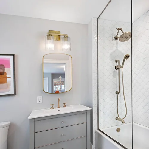 Miniatura 3 de 2 luces de tocador de baño de oro cepillado sobre el espejo, iluminación moderna con pantalla de vidrio texturizado, accesorios de iluminación