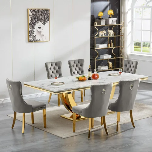 Miniatura 12 de Juego de mesa de comedor grande y moderna de mármol sintético blanco de 94.5 pulgadas, juego de mesa de comedor de 10 piezas con 10 sillas tapizadas