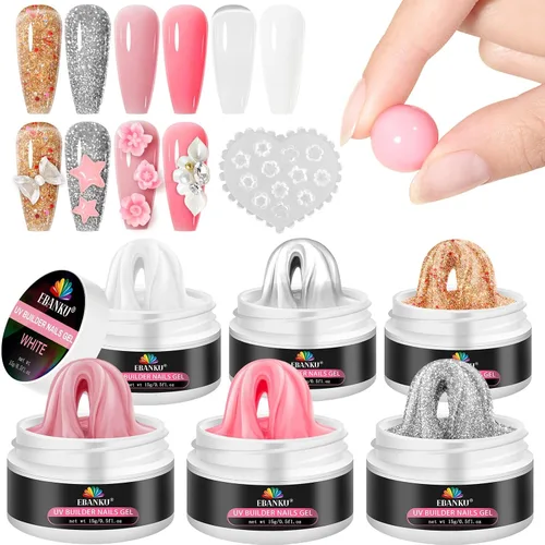 EBANKU Gel constructor sólido para uñas, gel duro dorado de 6 colores para extensión de uñas, kit de gel sólido no pegajoso de larga duración con