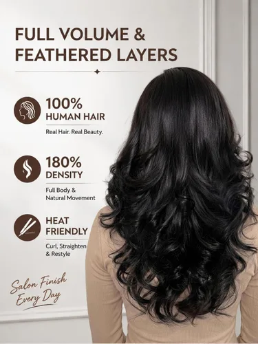Miniatura 3 de UNICE Bye Bye Slip Peluca de Capas Emplumadas con Raya Lateral de Cabello Humano Sin Pegamento con Tiras de Silicona Seguras y Cordón Densidad 200%