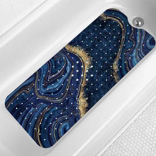 LNOND Tapete de baño de mármol antideslizante, extra largo de 40 x 16 pulgadas, tapete antideslizante para bañera, tapete de ducha de mármol azul de