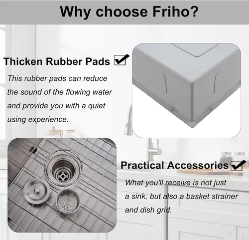Miniatura 5 de Friho - Fregadero de barra de 15x15 pulgadas, fregadero de cocina pequeño de montaje superior, fregadero de 16 calibre hecho a mano de acero
