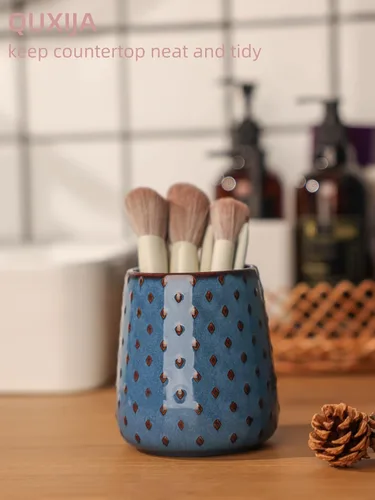 Miniatura 4 de Portacepillos de maquillaje de cerámica, tocador de baño de estilo granja y encimera, taza para brochas para cosméticos de baño, labiales