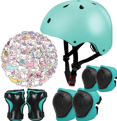 Juego de casco de bicicleta para niños, certificado CPSC con rodilleras, coderas, muñequeras, casco negro ajustable para niñas de 2-3-5-8 años,