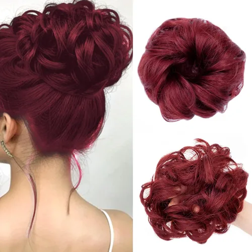 Miniatura 9 de Pieza de cabello de moño desordenado, piezas de cabello azul para mujeres y niñas, extensiones de cabello sintético ondulado y rizado, coletero