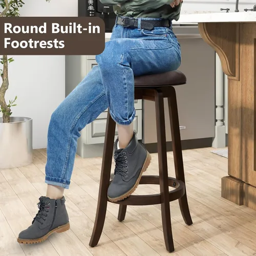 Miniatura 7 de COSTWAY Juego de 2 taburetes de bar giratorios de 29 pulgadas, taburetes de bar tapizados con asiento de piel sintética y patas de madera de goma
