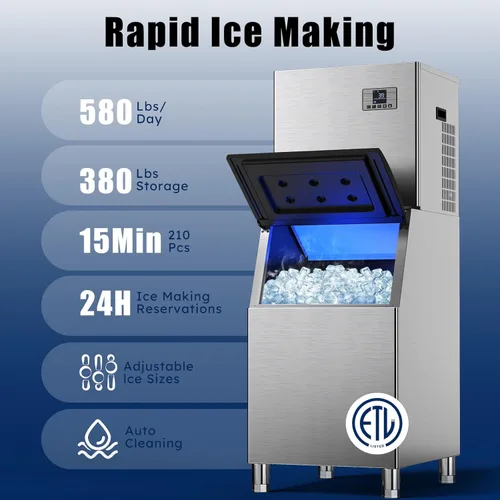 Miniatura 2 de Máquina comercial para hacer hielo de 580 libras/24 horas, contenedor de almacenamiento grande de 380 libras, 210 cubitos de hielo en 5 a 15