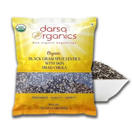 Darsa Organics Split Urad Dal (Chilka) 2 libras - Lentejas orgánicas negras con piel - Lentejas ricas en proteínas sin OMG con certificación USDA,
