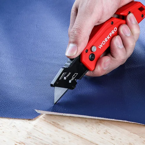 Miniatura 6 de WORKPRO Cuchillo utilitario plegable, hoja de cambio rápido, mango de nailon ligero, cortador de utilidad con 10 cuchillas adicionales Rojo