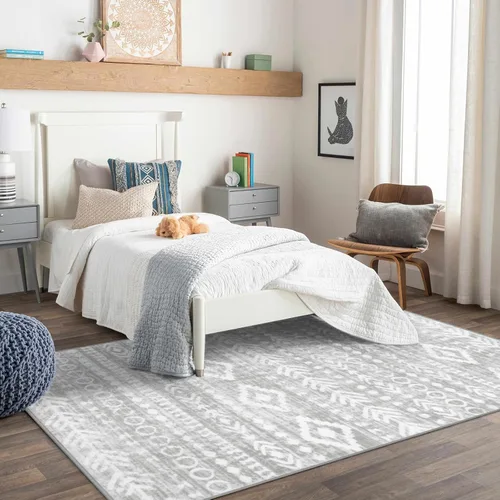 Miniatura 2 de Lahome Alfombra marroquí bohemia de 5 x 7 pies, lavable, color gris, antideslizante, de pelo bajo, suave, con estampado tribal, para sala de estar