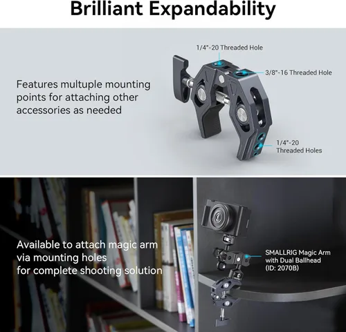 Miniatura 3 de SMALLRIG Abrazadera en forma de cangrejo, soporte para cámara, 1/4"-20, 3/8"-16 agujeros roscados, carga útil de 7.7lbs/3.5kg, compatible
