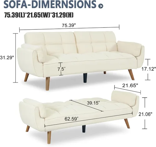 Miniatura 2 de Sofá cama tipo futón convertible, sofá cama con respaldo ajustable, sofá pequeño de espacio pequeño, sala de estar, dormitorio (beige)