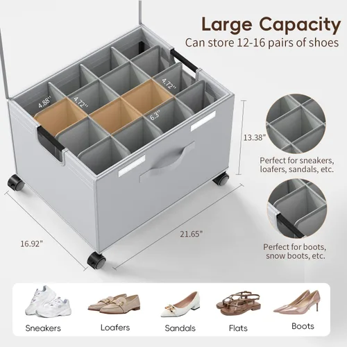 Miniatura 2 de HOUSE AGAIN Organizador de zapatos para armario, cajas de almacenamiento de zapatos con ruedas de 360°, marco de metal resistente que se adapta a