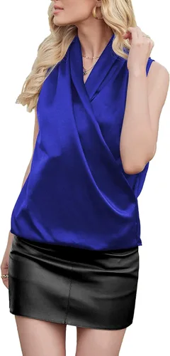 Miniatura 4 de LYANER Elegante blusa sin mangas con cuello en V envolvente de satén para mujer