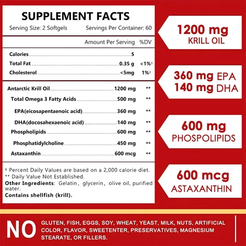 Miniatura 6 de Nature TARGET Aceite de krill de 1200 mg con omega-3 EPA y DHA con astaxantina, fosfolípidos y colina, apoya el corazón, el cerebro, la salud, sin