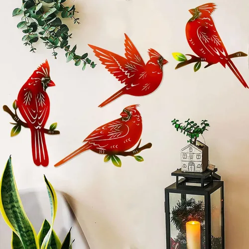 Miniatura 7 de Paquete de 4 piezas de arte de pared cardenal de metal, decoración de pájaros de metal 3D, adornos hechos a mano, pájaro rojo ágil, regalos