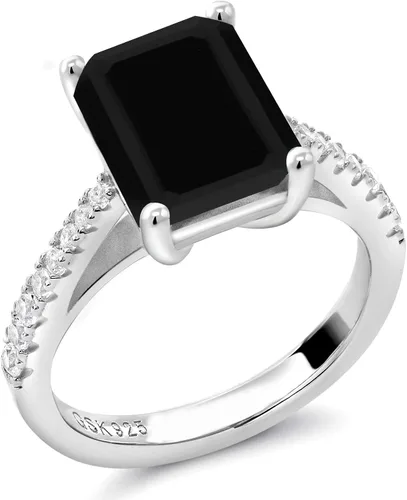 Miniatura 2 de Gem Stone King Anillo de compromiso de plata de ley 925 con ónix negro y zafiro blanco para mujer piedra natal de 339 quilates corte esmeralda