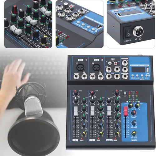 Miniatura 6 de Consola de mezcla profesional de 4 canales, mezclador de audio, tablero de sonido, Bluetooth, USB, mezclador de estudio en vivo con unidad USB
