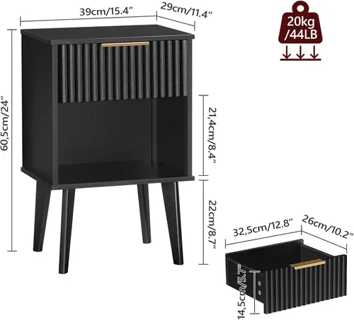 Miniatura 2 de MAHANCRIS Mesita de noche negra acanalada, moderna mesita de noche con cajón y almacenamiento de apertura, mesita de noche con patas de madera, mesa