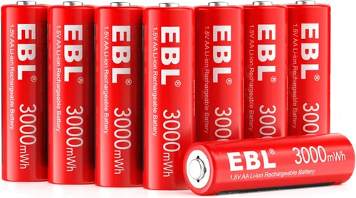 Miniatura 9 de EBL Paquete de 8 Baterías Recargables AA de Litio, Baterías Recargables AA de 1.5V 3000mWh, Baterías Doble A de Larga Duración